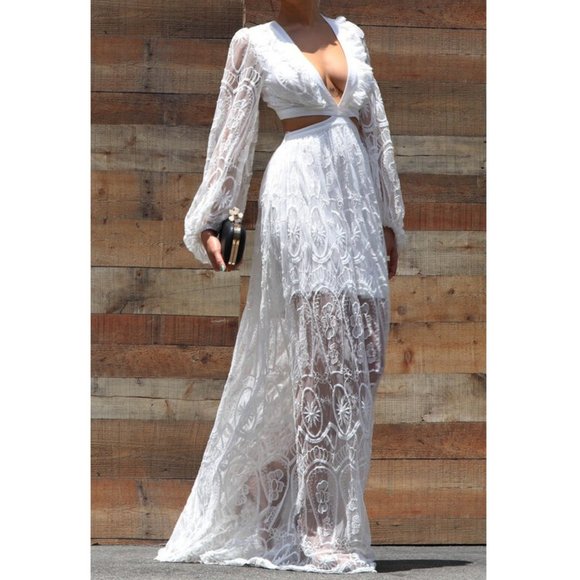Bohemian White Embroidered Lace Cut Out Lace Up Back Boho Maxi Dress - Picture 5 of 8